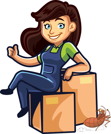 woman sitting on boxes with bedbug trying to escape due to extermination of bed bugs by heat treatment